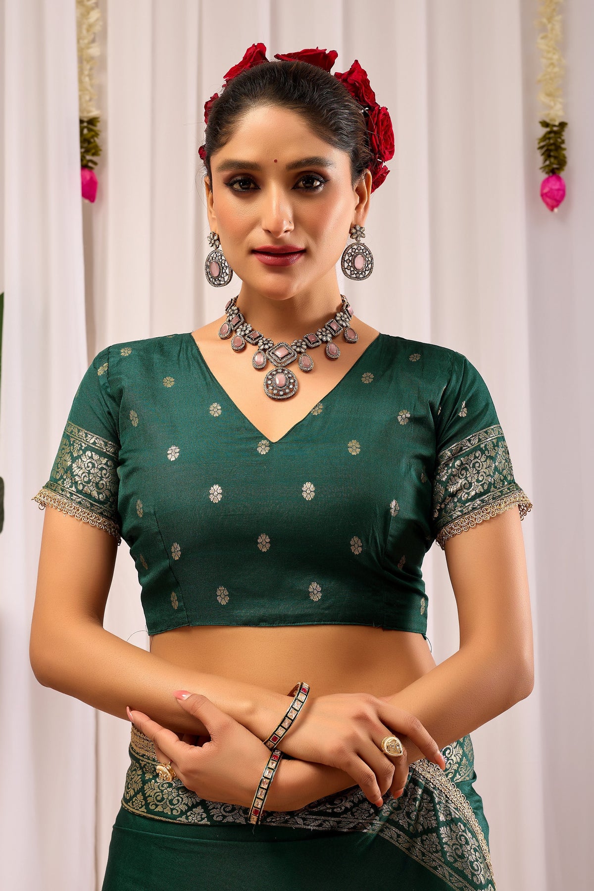 Emerald Royale satin Silk Saree with Antique Gold Zari Paisley Weaving