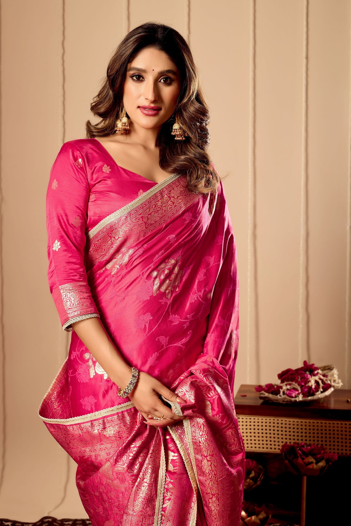 Vibrant Rani Pink satin Silk Saree with Rich Gold Zari Weaving and Elegant Traditional Motifs