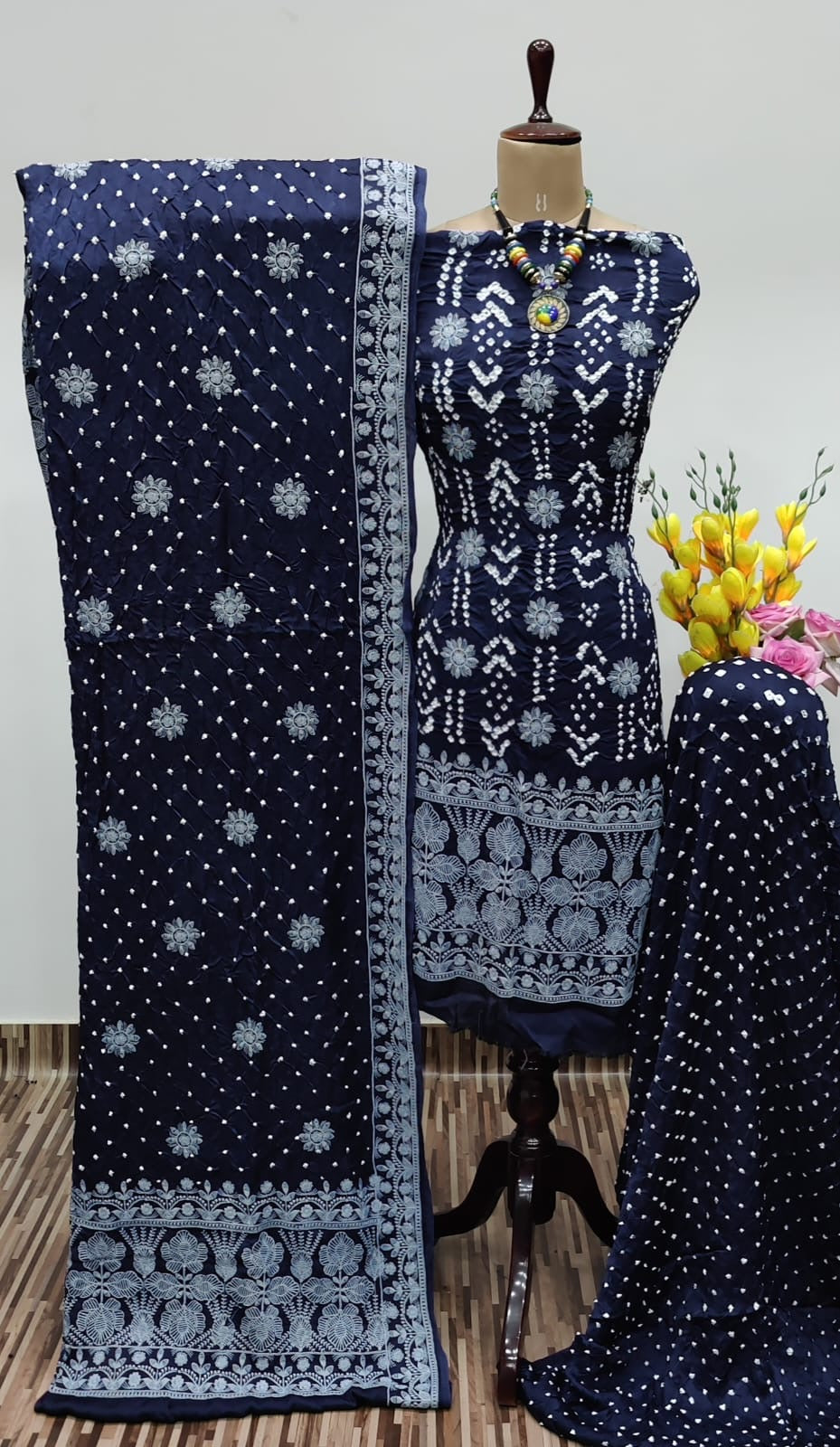 Modal Silk Lakhnavi Thread Embroidery work Bandhani Dress Material (Unstitched)