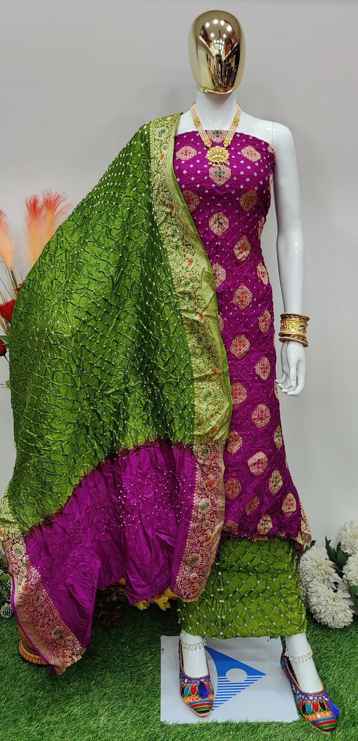 Original Dhupiyan Silk Kasab work Heavy Jamnagar Bandhani Dress