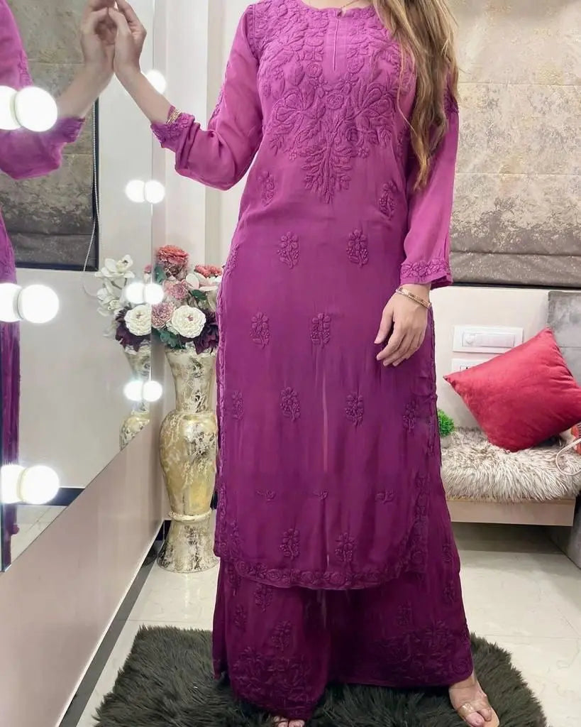 Rayon Chain Stitch Thread work Kurti Palazzo