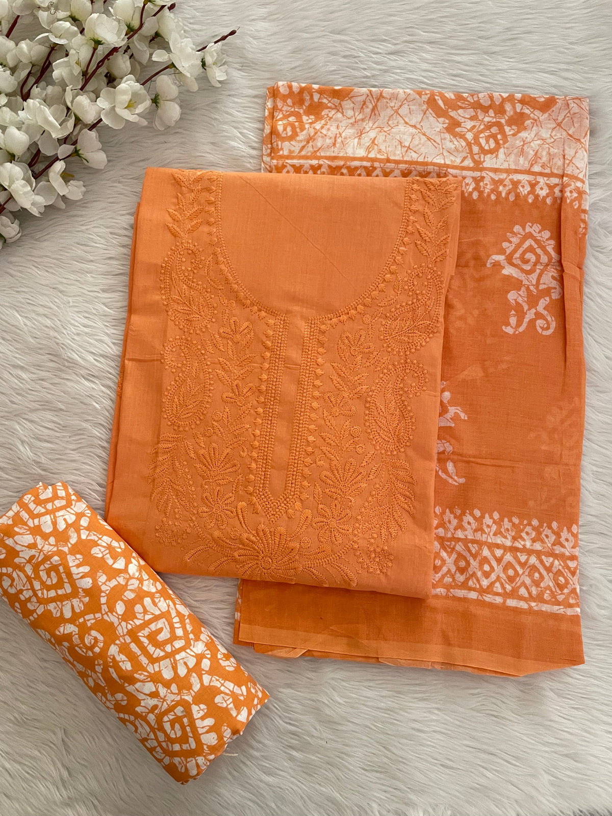 Soft Cotton Lakhnavi Thread Embroidery Work Batik Dress Material (Unstitched)