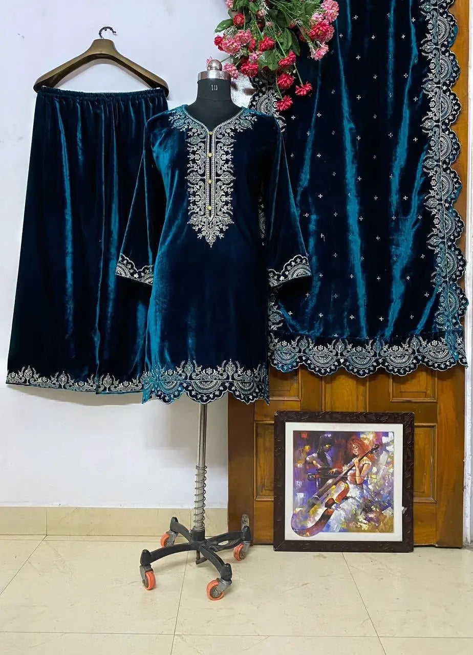 Winter Special Velvet Kurti Pallazo Dupatta Set (Stitched)