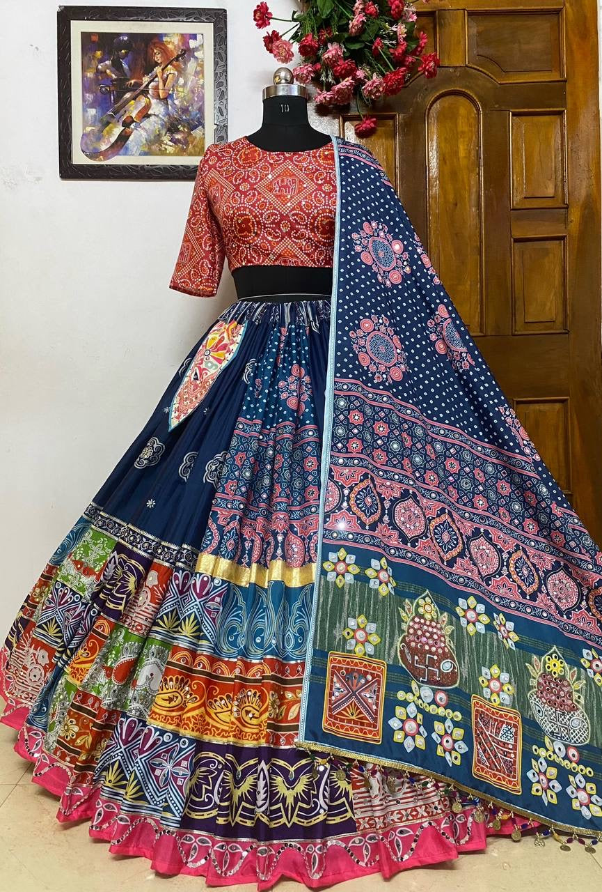 Soft Butter Silk Digital Print with mirror work Chaniya Choli