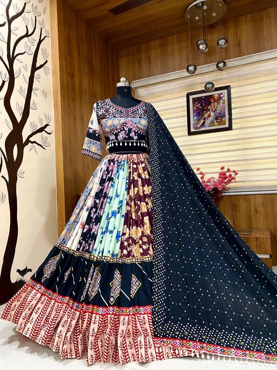 Muslin Digital Print Mirror work Navratri Chaniya Choli