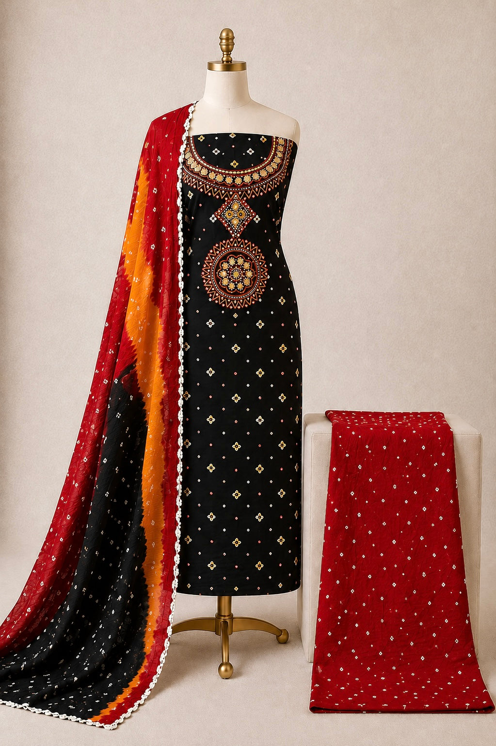 Soft Cotton Real Mirror and Thread Work Bandhani Dress Material (Unstitched)