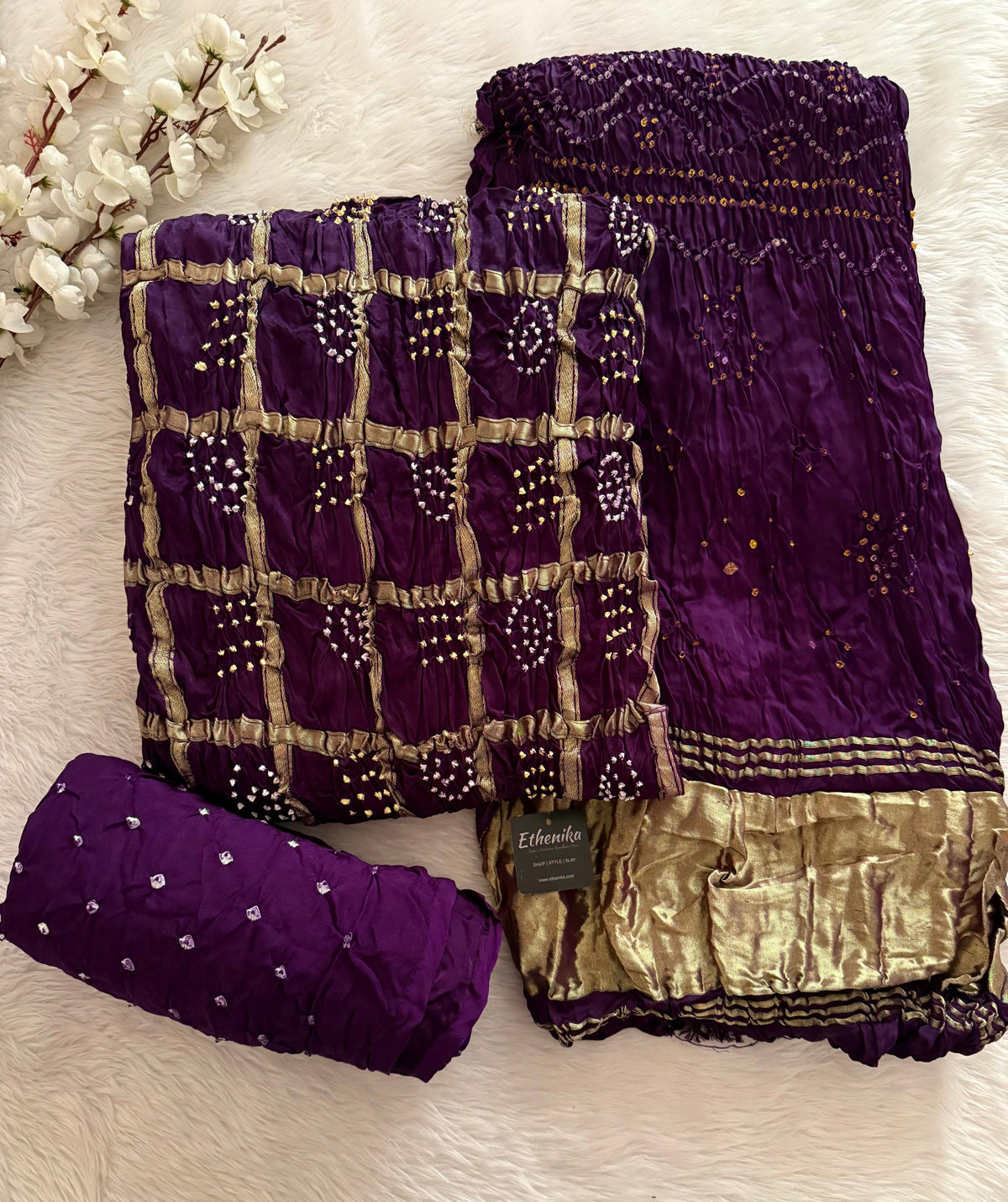 Modal Silk Golden Chex Work Jamnagar Bandhani Dress Material