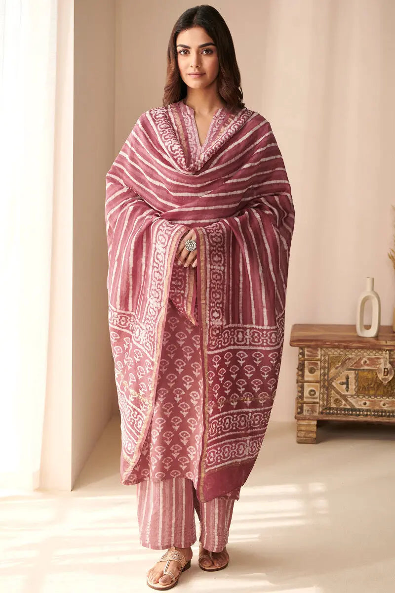 Moti Work Block Print work Kurti Pant Dupatta Set for Summer