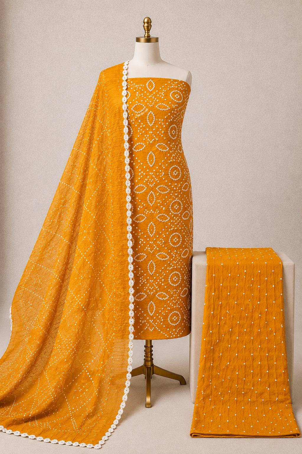 Soft Cotton Satin Self Color 3Pc Unstitched Bandhani Dress Material
