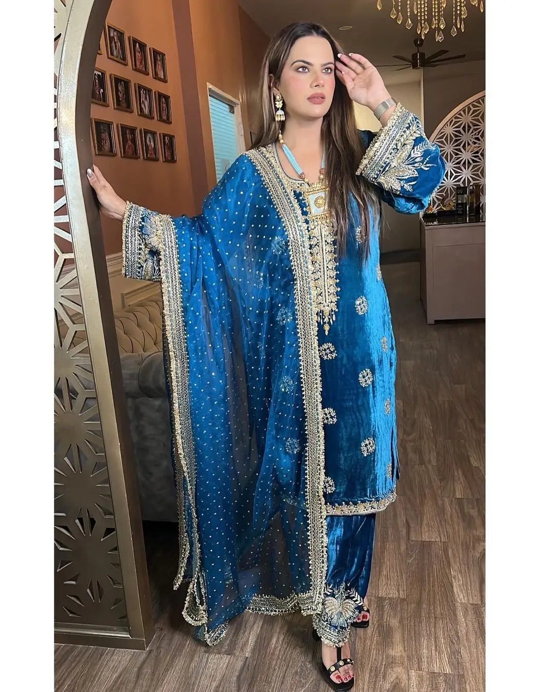 Premium Thread Embroidery work Velvet Kurti Pant Dupatta Set (Stitched)