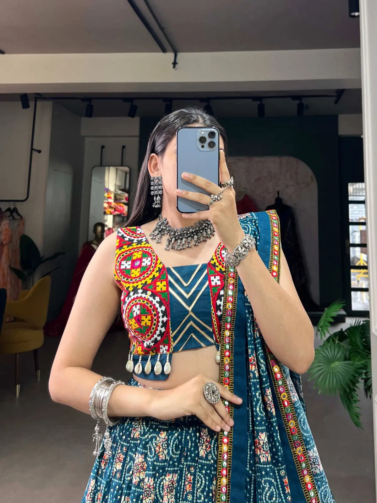 Rayon Printed Foil Gamthi Work Navratri Special Chaniya Choli