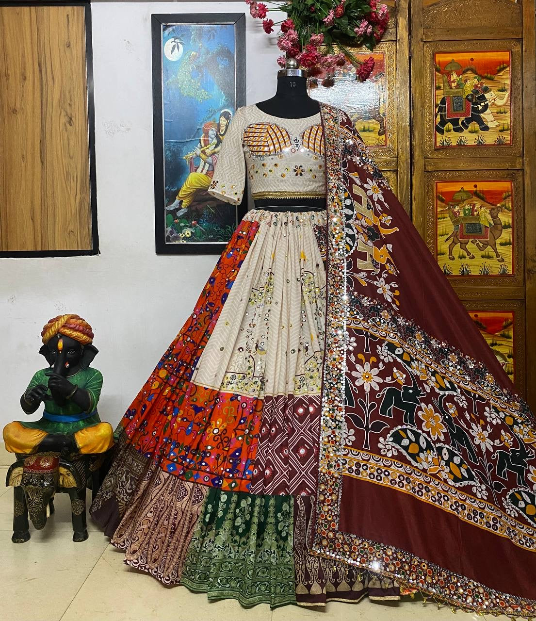 Muslin Mirror Work with digital print Navratri Special Chaniya Choli