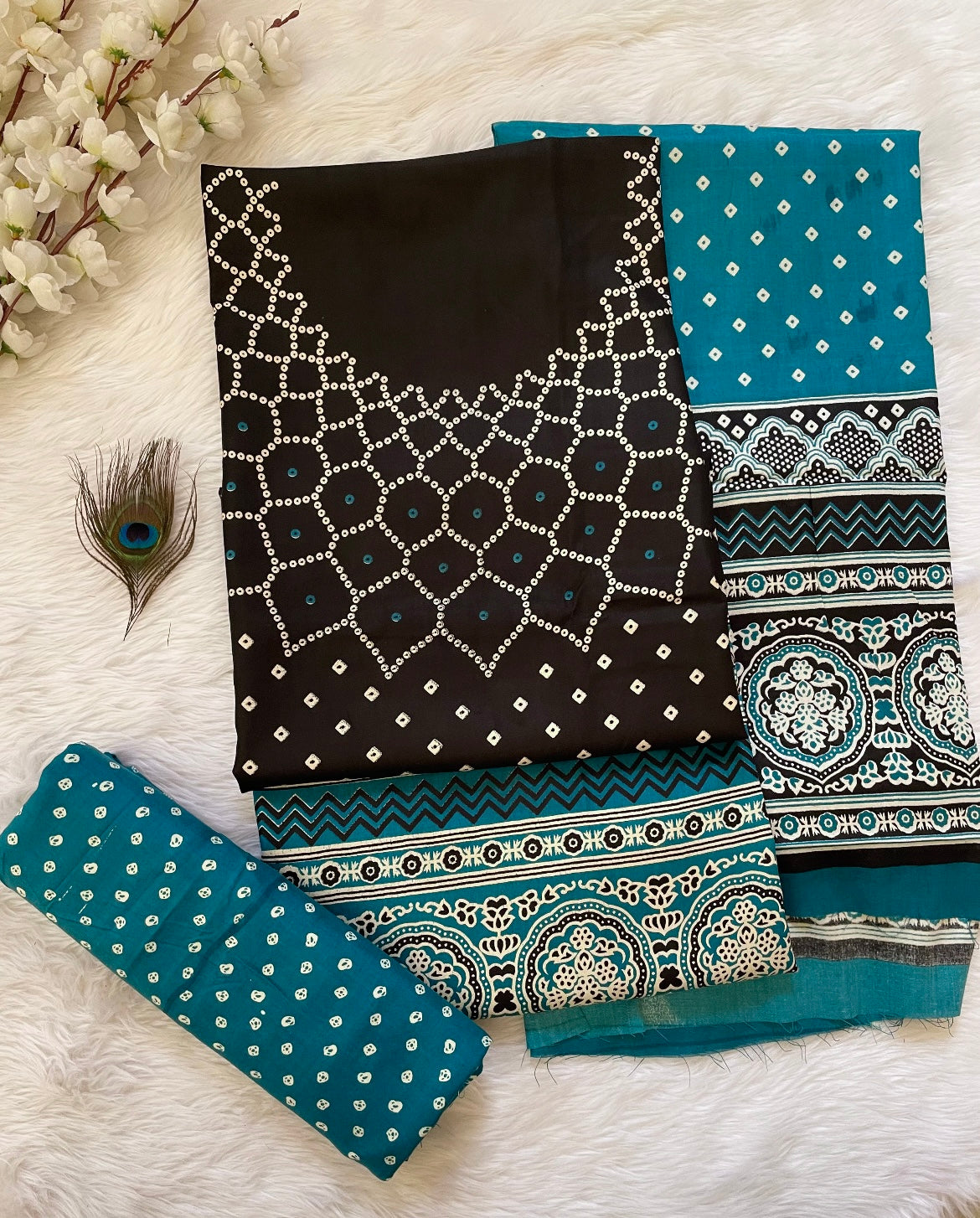 Rayon Cotton Ajrakh Hand block with Bandhani Print Dress Material (Unstitched)