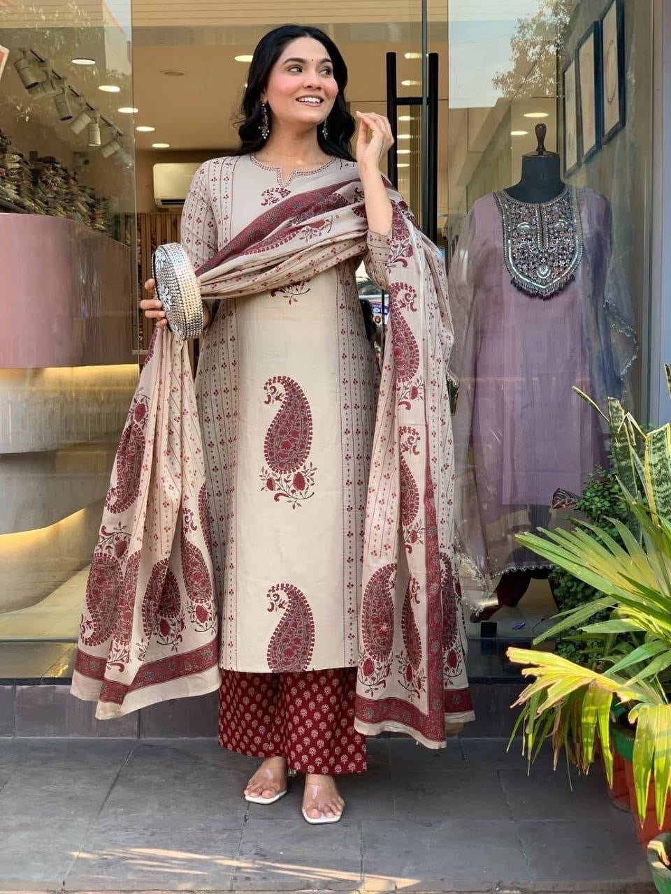 Muslin Digital Print With Thread Work Summer Special Kurti Pant Dupatta Set