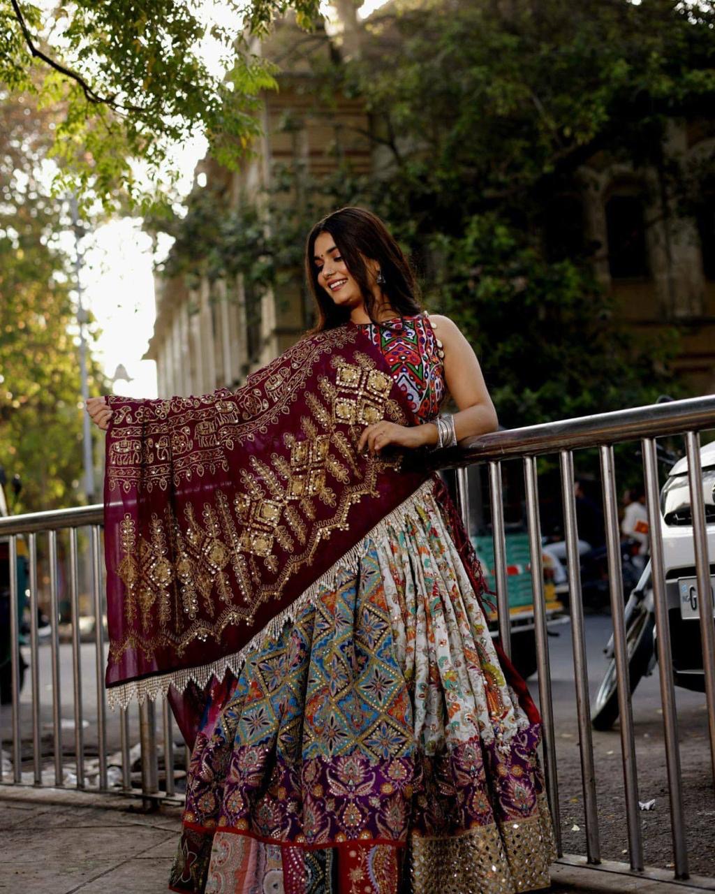 Muslin Digital Print with Mirror Wirk Designer Chaniya Choli for Navratri