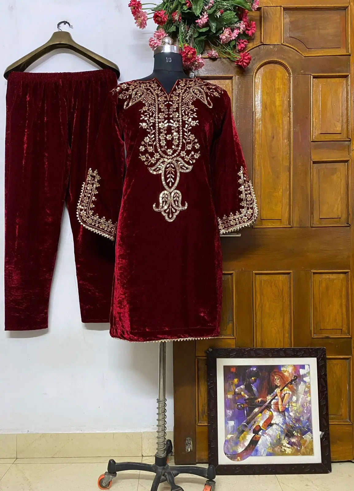 Neck Embroidery work Velvet Kurti Pant Set (Stitched)