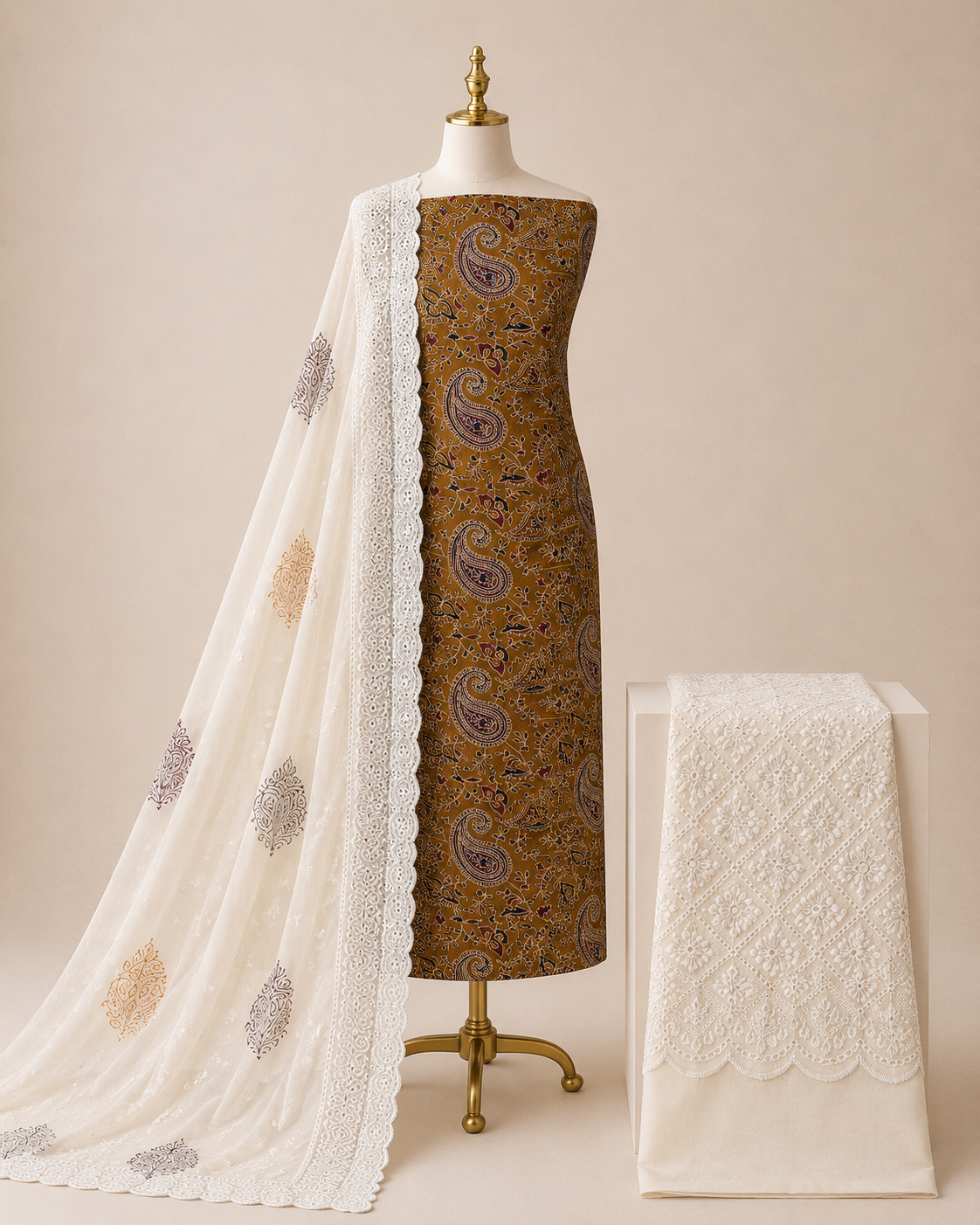 Soft Cotton Hand Blocked Ajrakh Print with Chikan Work Salwar 3Pc Unstitched Dress Material