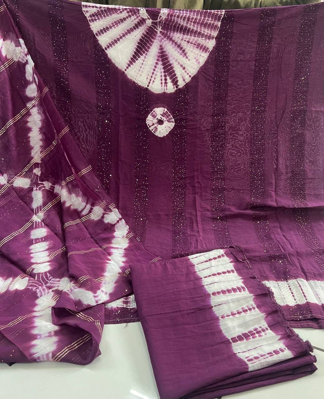 Pure Viscos Cotton Shibori 3 Pc Bandhani Dress Material (Unstitched)