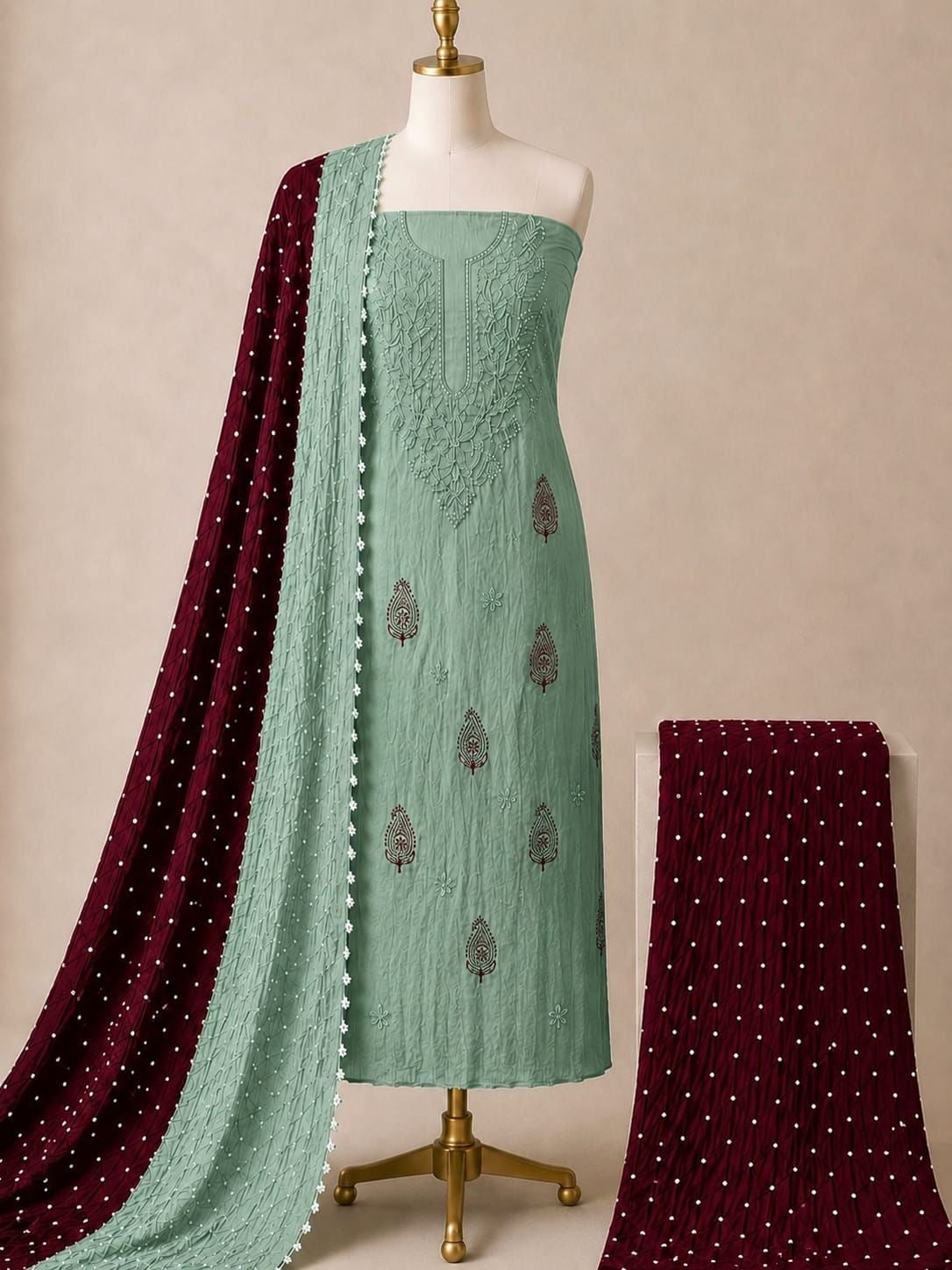 Soft Cotton Lakhnavi Thread Work 3Pc Unstitched Bandhani Dress Material