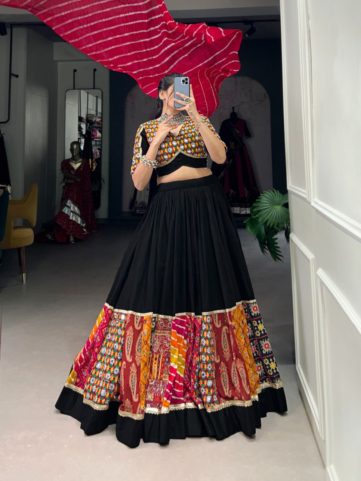 Rayon Printed with Gamthi Work Authentic Gujrati Navratri Chaniya Choli