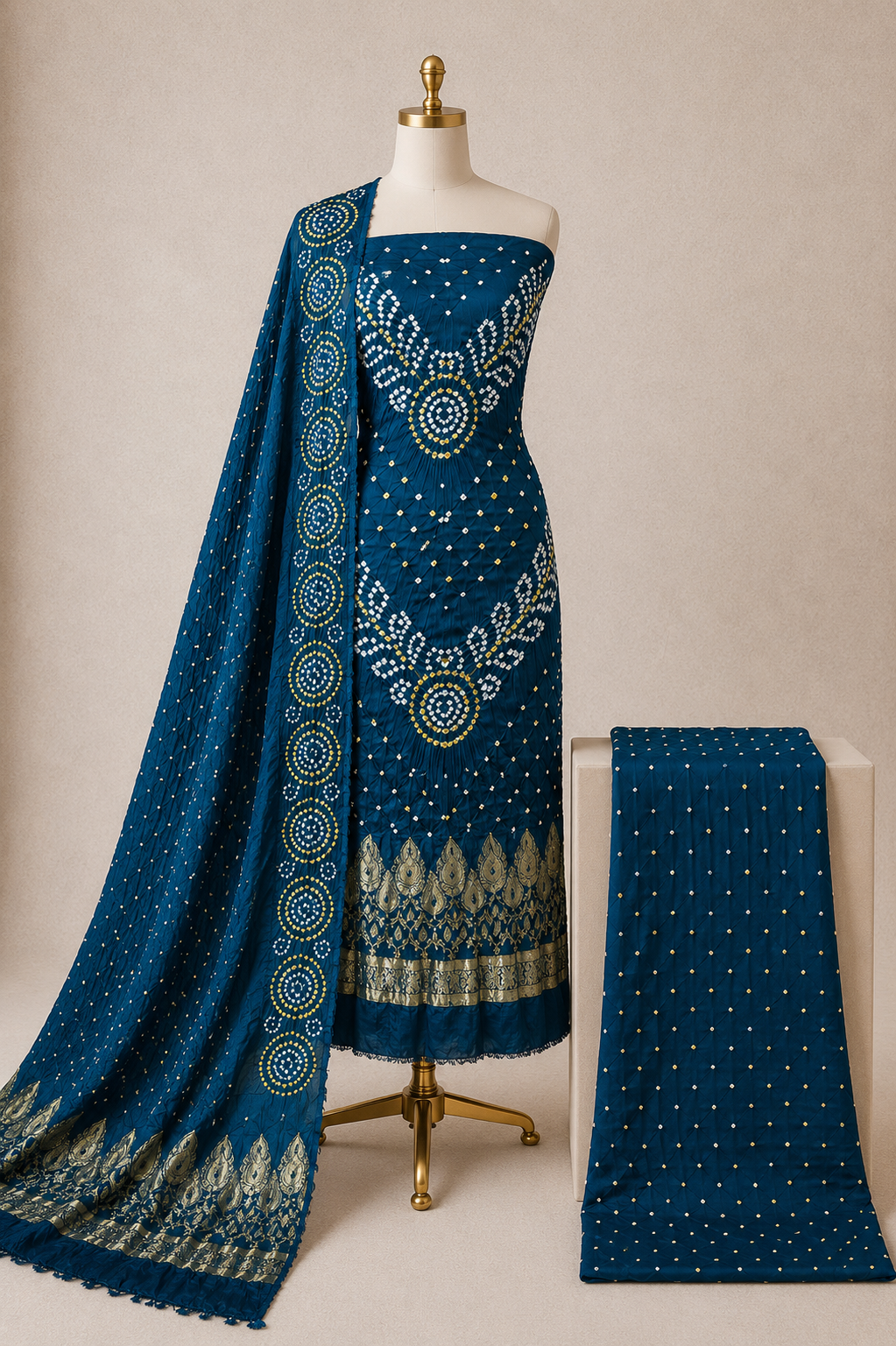 Modal Silk Barik Bandhej Work Silk 3Pc Unstitched Bandhani Dress Material