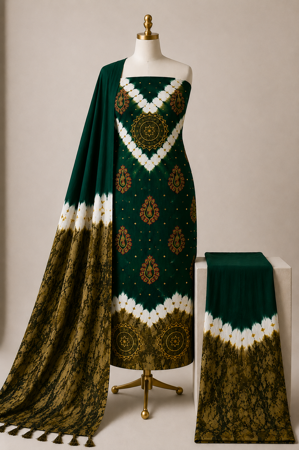 Soft Cotton Mirror Khatli Thread Work 3pc Unstitched Shibori Bandhani Dress Material