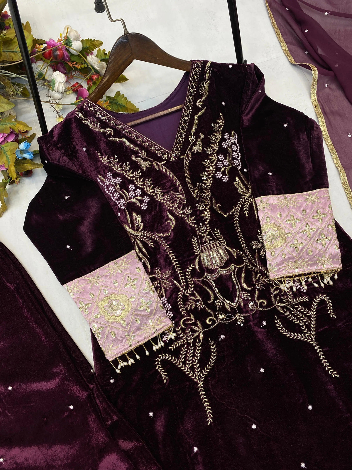 Winter Special Embroidery kodi work Velvet Kurti Pant Dupatta Set