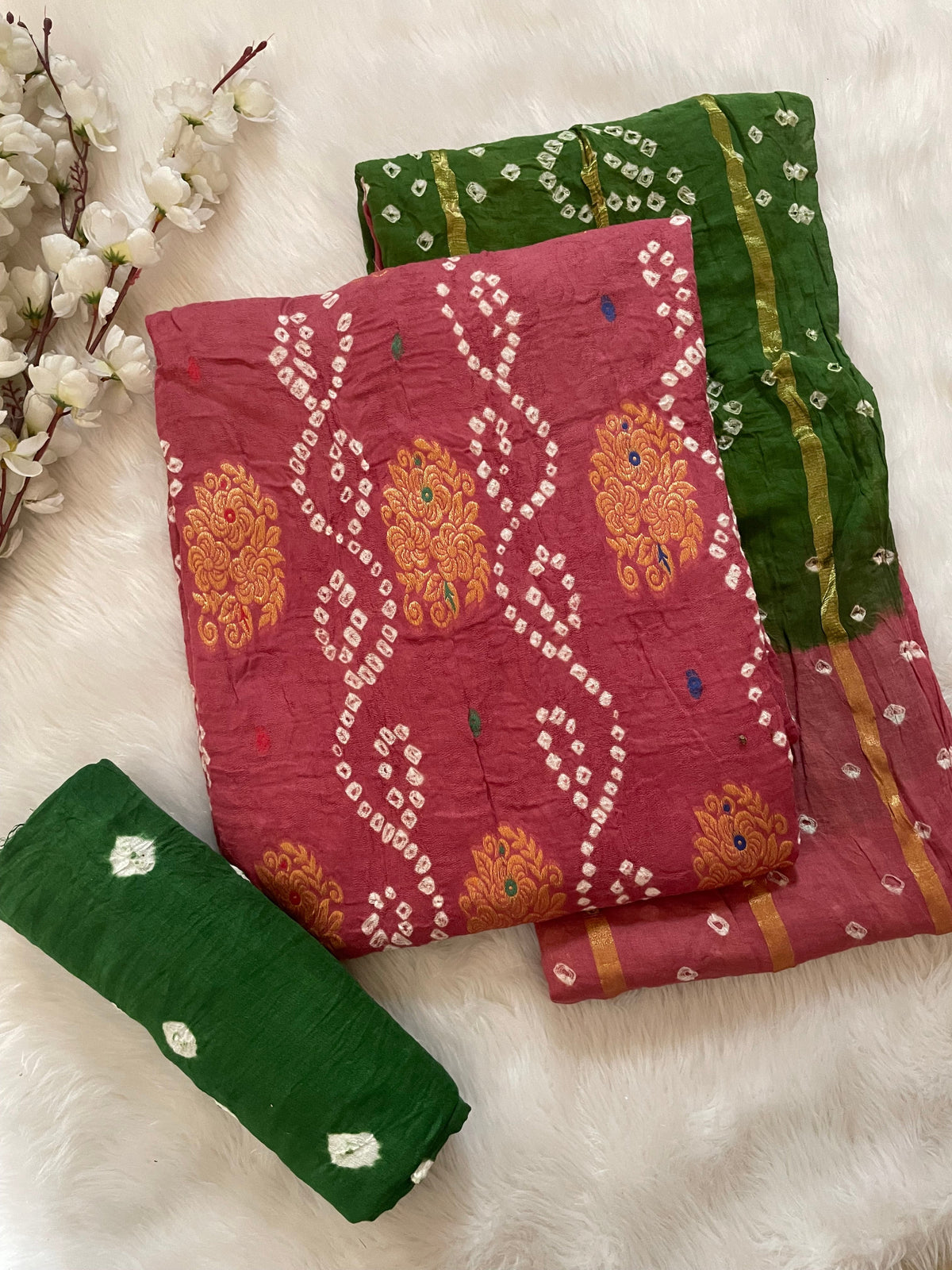 Soft Cotton Kasab work Jeckard Weave work Bandhani Dress Material