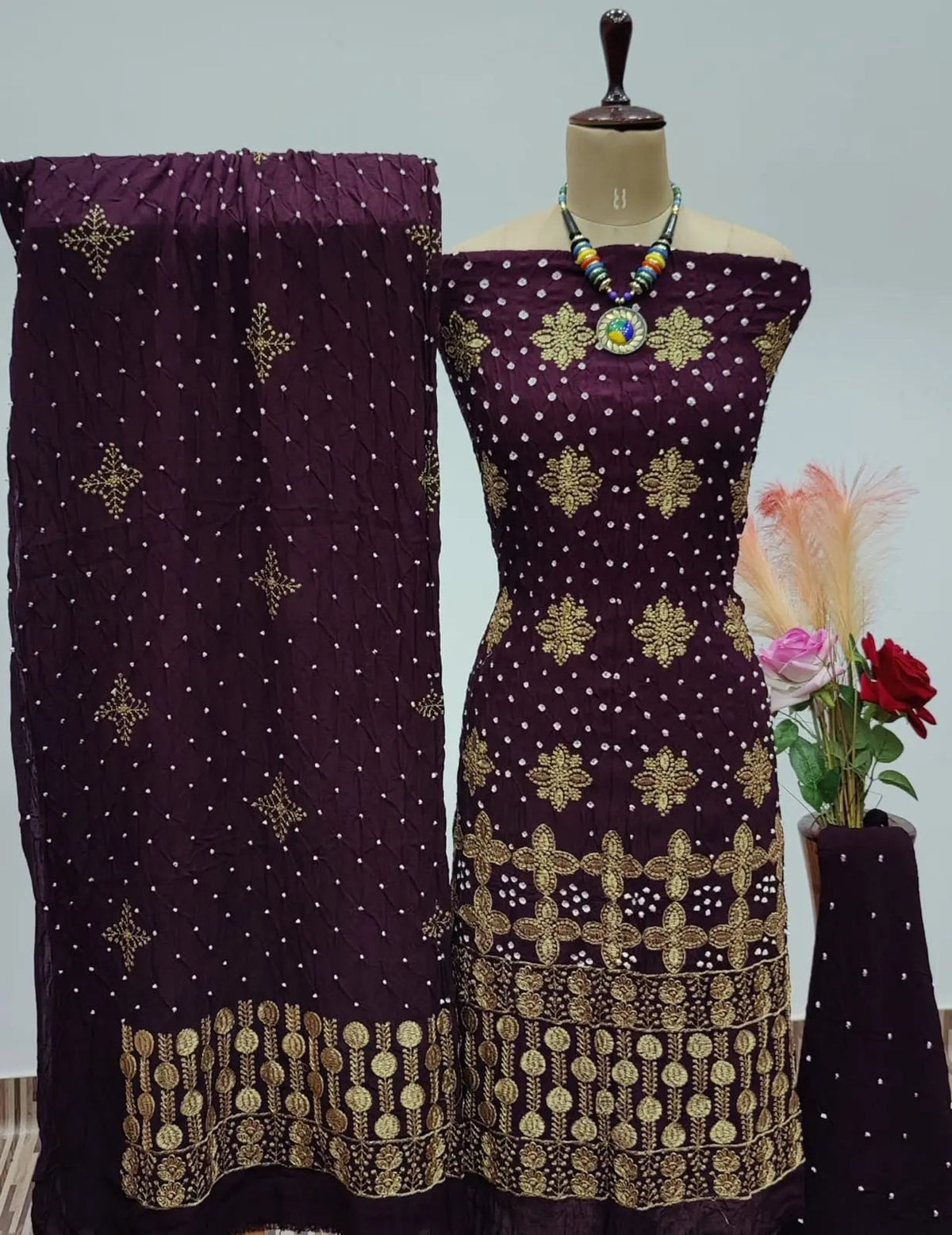 Reyon Embroidery Work Authentic Hand Crafted Kutch Bandhani Dress Material
