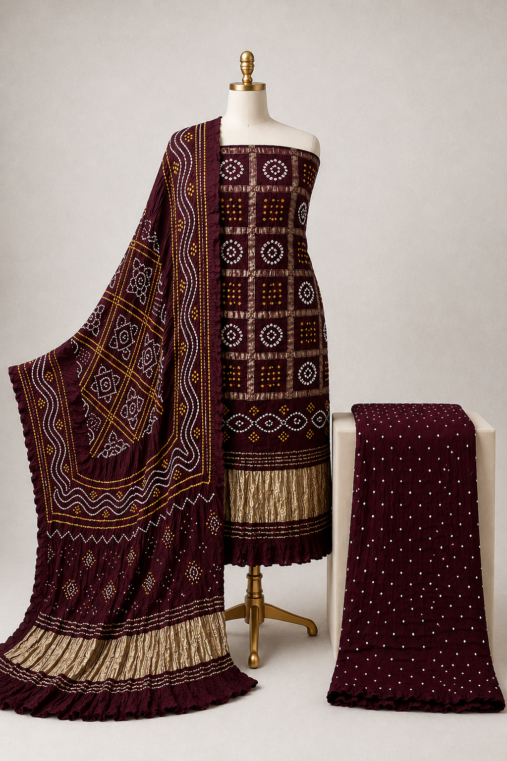 Modal Silk Golden Chex Work Jamnagar 3Pc Unstitched Dress Material