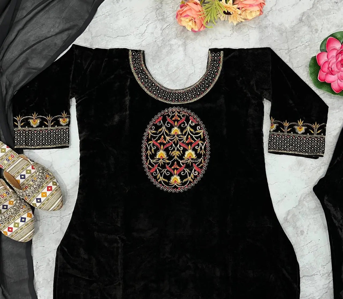 Winter Special Designer Black Velvet Kurti Pant Dupatta Set