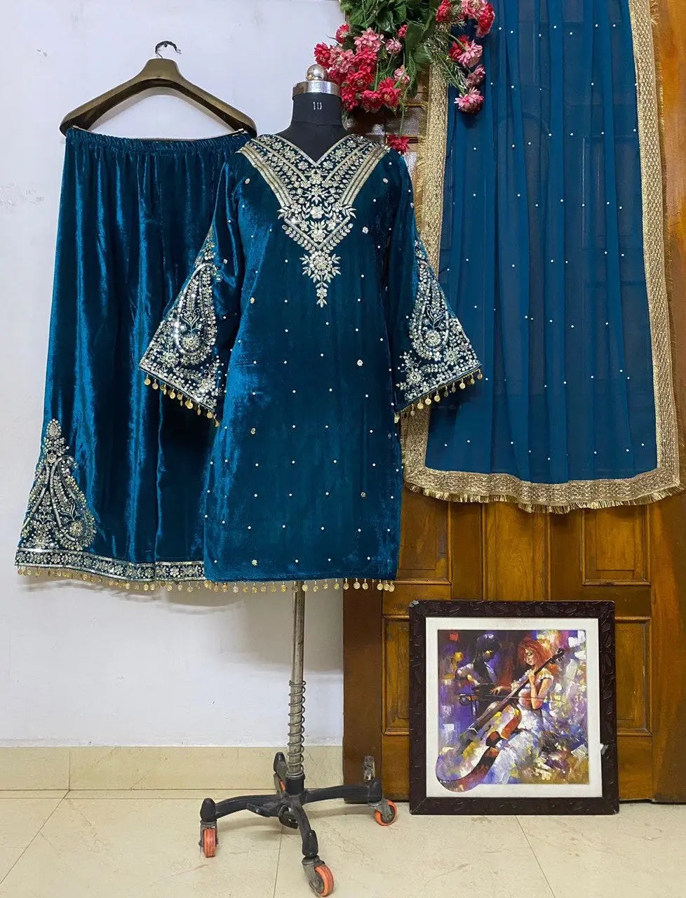 Winter Velvet Embroided Kurti Pant Dupatta Set