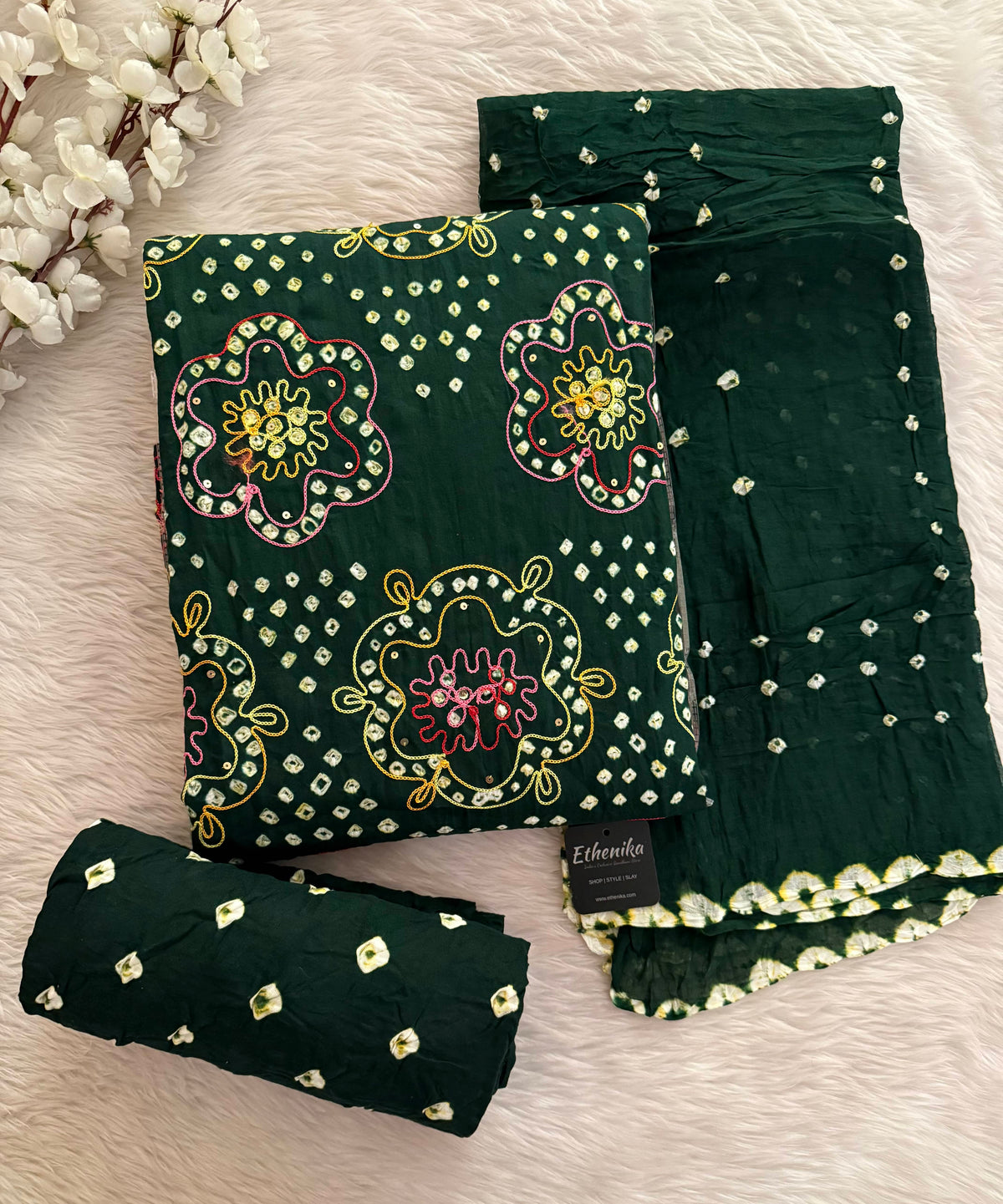 Soft Cotton Mirror Thread Work Bandhani Dress Material