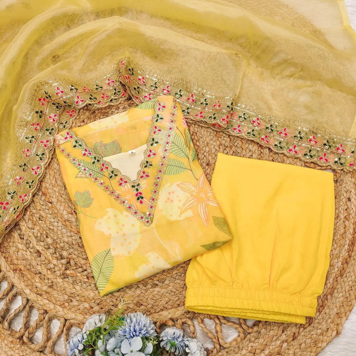 Muslin Silk digital Print with Embroidery work Kurti Pant Dupatta Set
