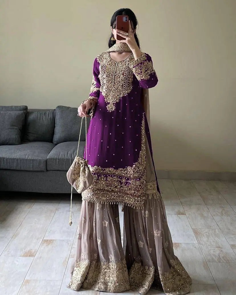 Real mirror Embroidery work Kurti Sharara Dupatta set