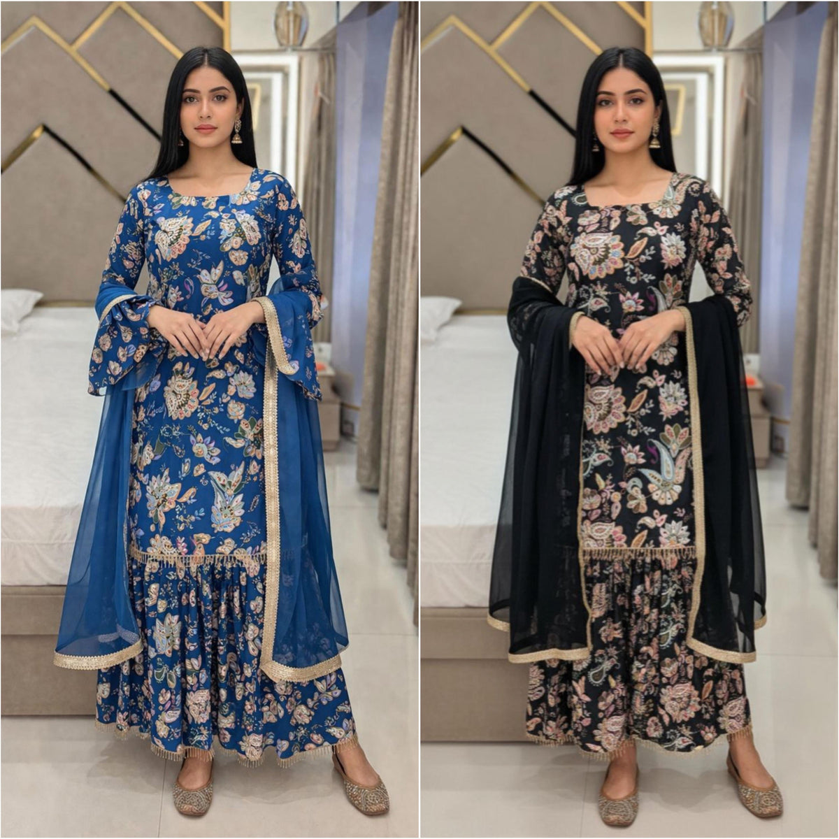 Muslin Cotton Floral Digital Print Kurti Sharara Dupatta Set