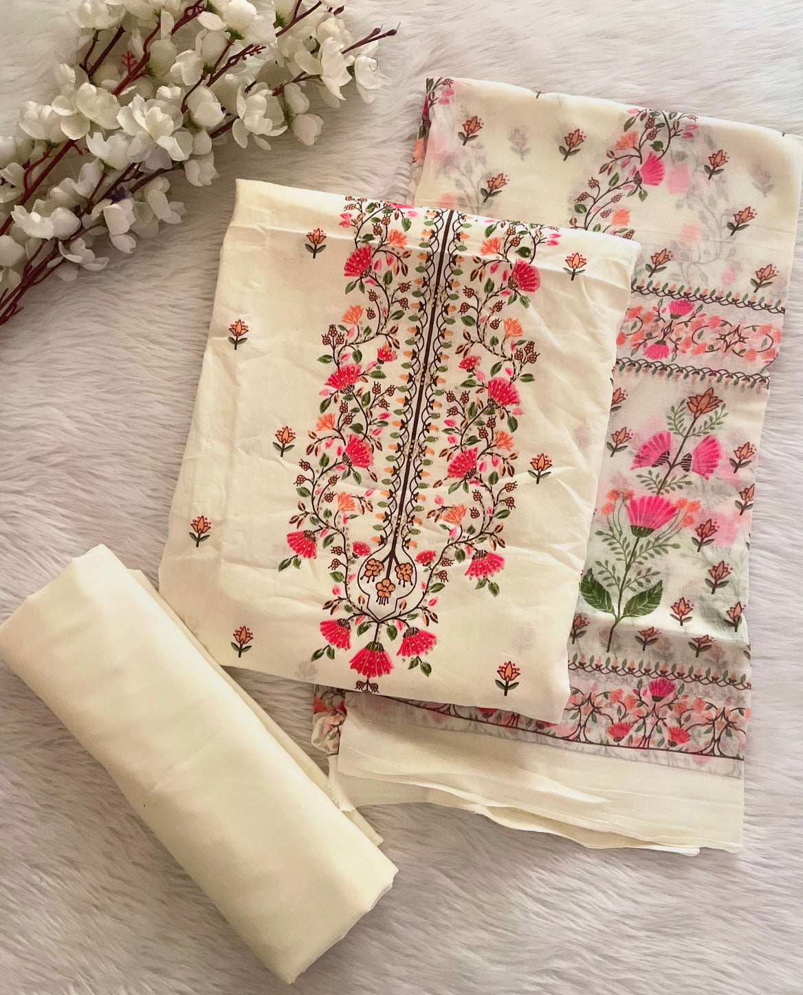 Soft Cotton Digital Phulkari Print with Stone work White Concept Summer Special 3 Pc Salwar Dress Material