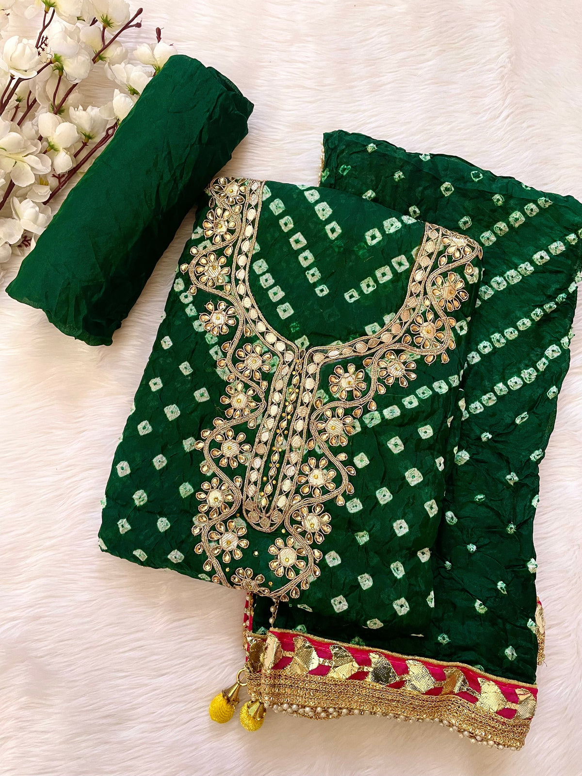 Silk Fabric Neck work with Fumka Work Dupatta Bandhani Dress Material ( Unstitched)
