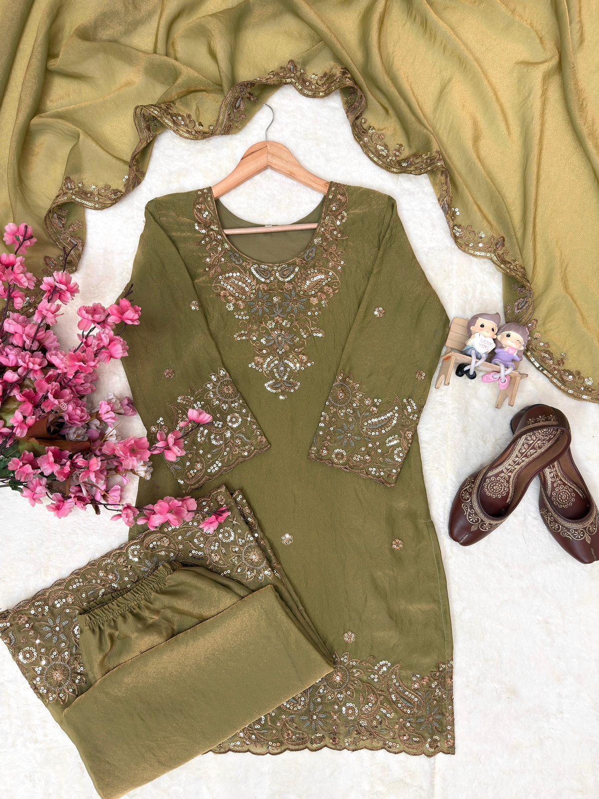Silk Fabric Eid Special Designer Kurti Sharara Dupatta Set
