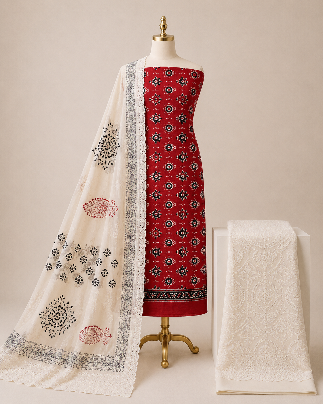 Soft Cotton Hand Blocked Ajrakh Chikan Work 3Pc Unstitched Dress Material (Unstitched)