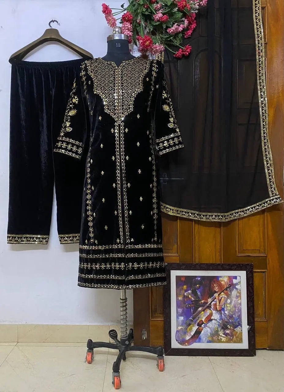 Sequence Embroidery work Pakistani Velvet Kurti Pant Dupatta Set (Stitched)