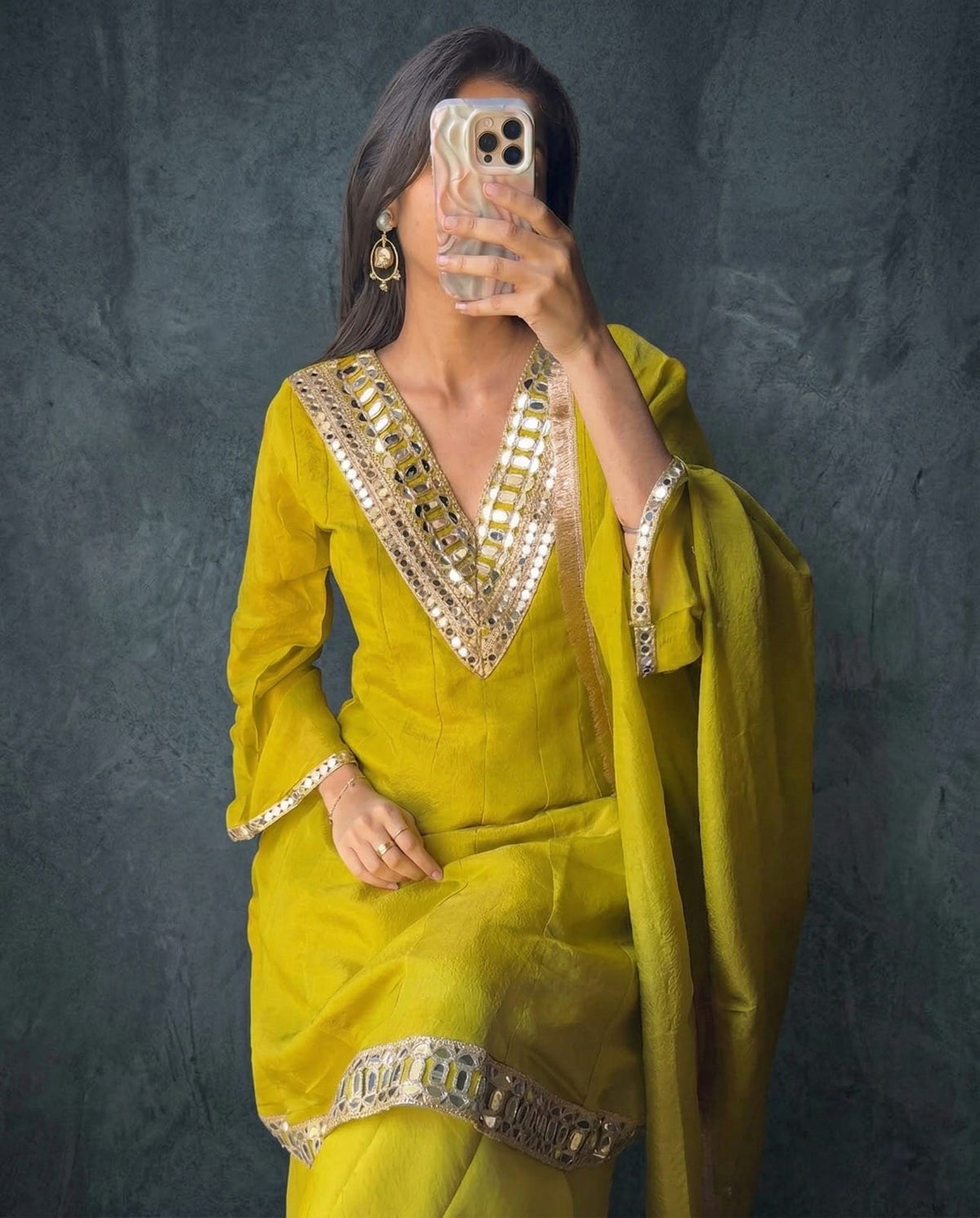 Shimmer Silk Mirror Work 3Pc Designer Kurti Pant Dupatta Set