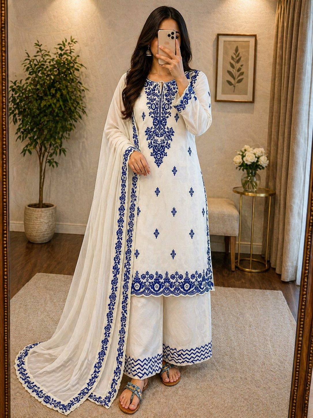 Rayon Chikankari Embroidery Work Kurta Farshi Salwar Dupatta Set