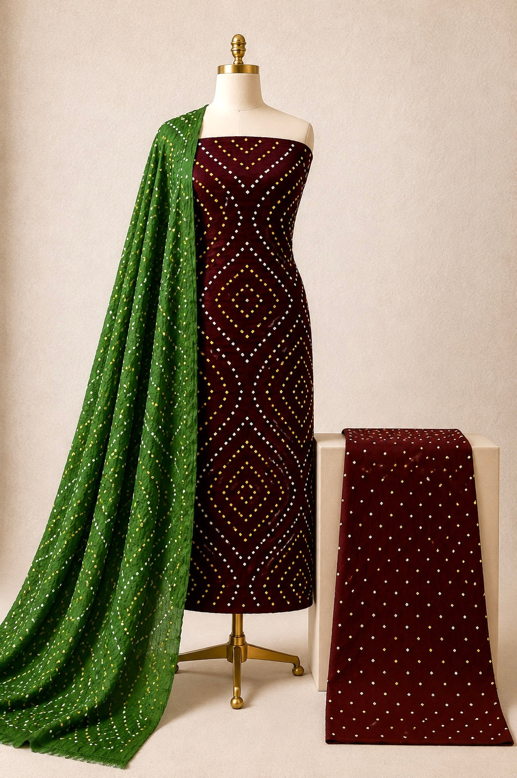 Premium Cotton Authentic Jamnagar Handmade 3Pc Bandhani Dress Material