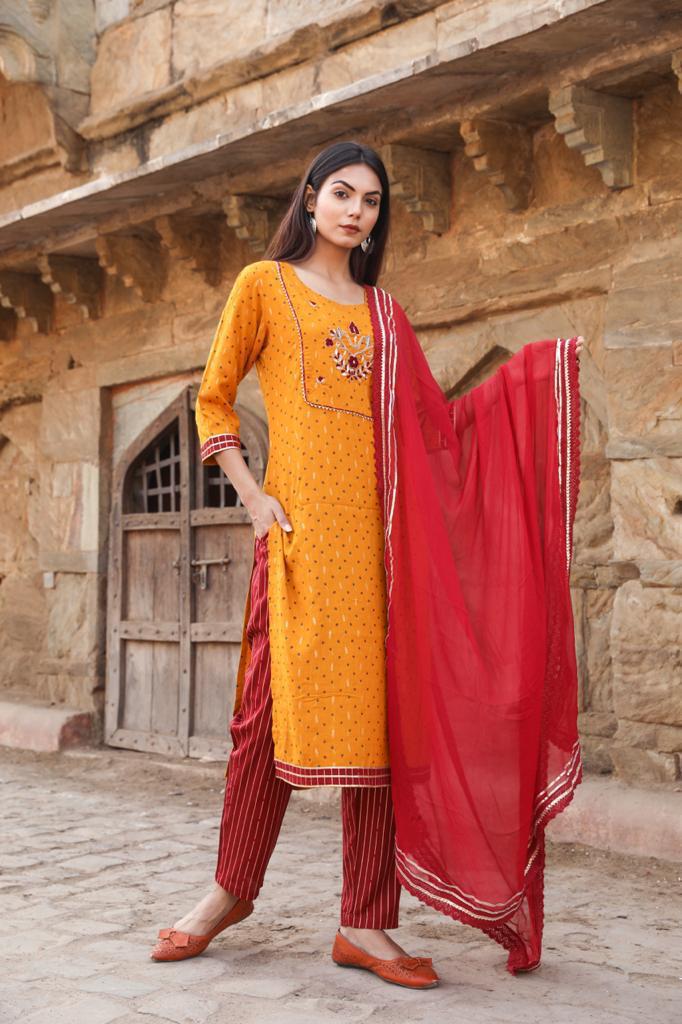 Haldi Ready Mustard-Red Suit