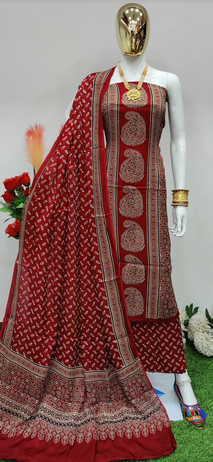 Original silk Hand Crafted Ajrakh Dress Material