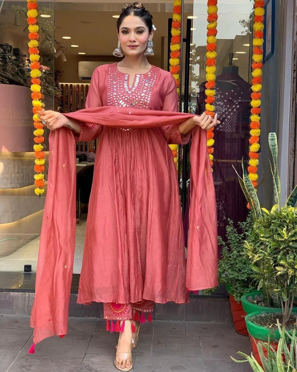 Muslin Summer Special Mirror work Kurti Pant Dupatta Set (Stitched)