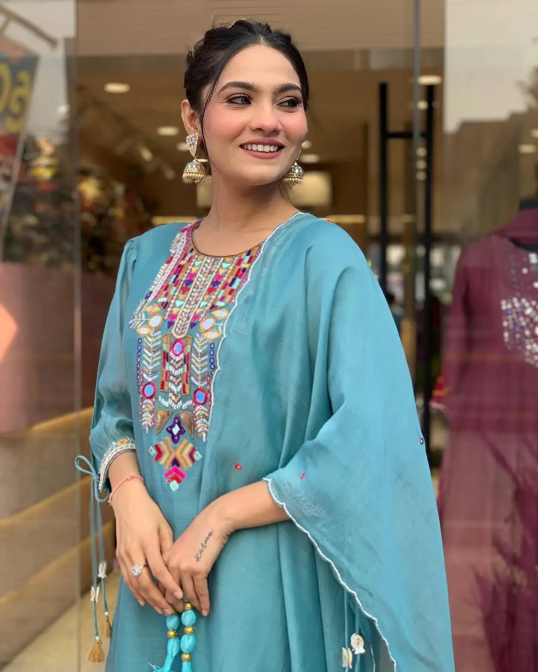Premium Chanderi Neck Work Summer Special Kurti Pant Dupatta Set (Stitched)