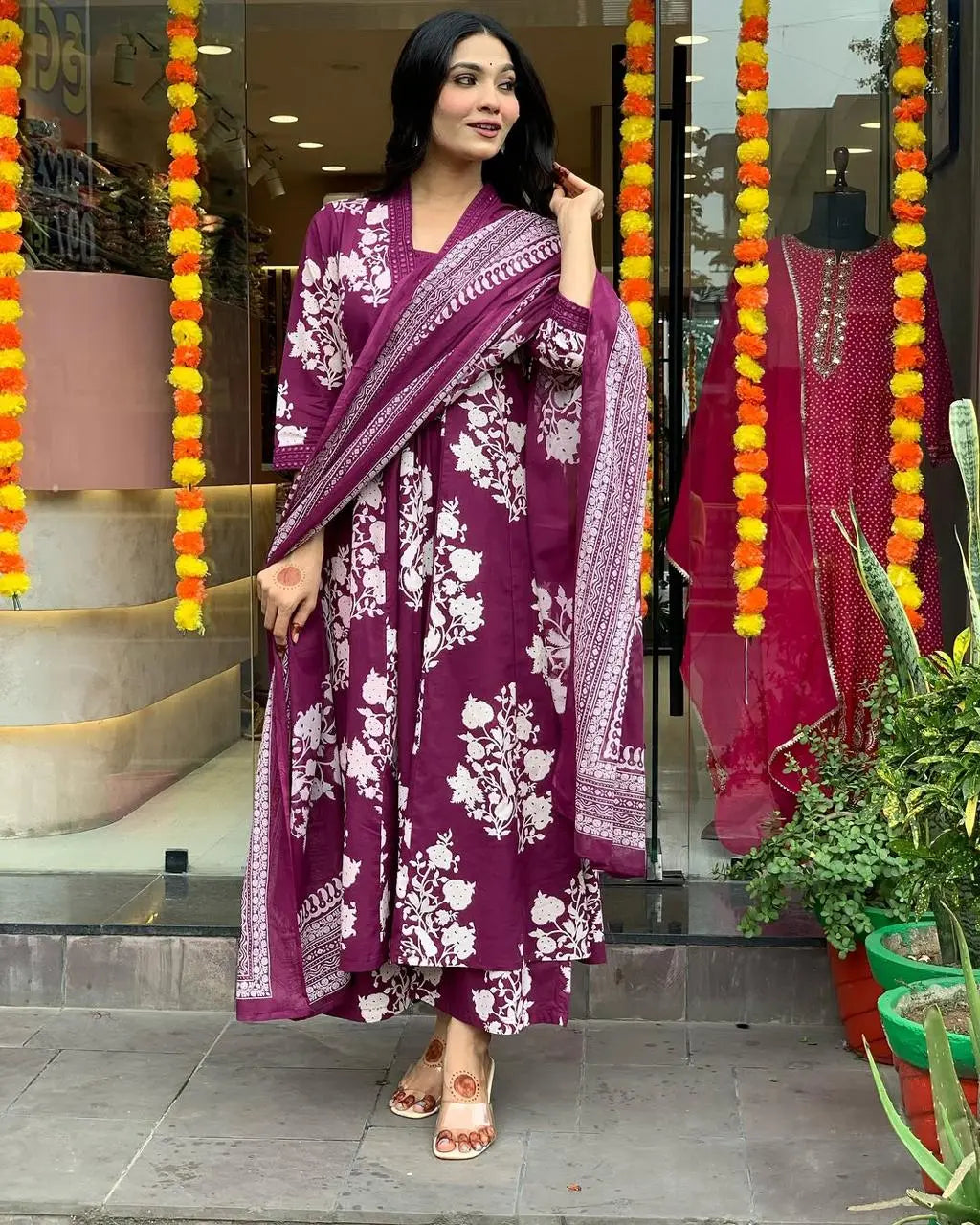 Pure Cotton Sanganeri Print Work Summer Wear Anarkali Flair Kurti Pant Dupatta Set ( Ready to Wear)