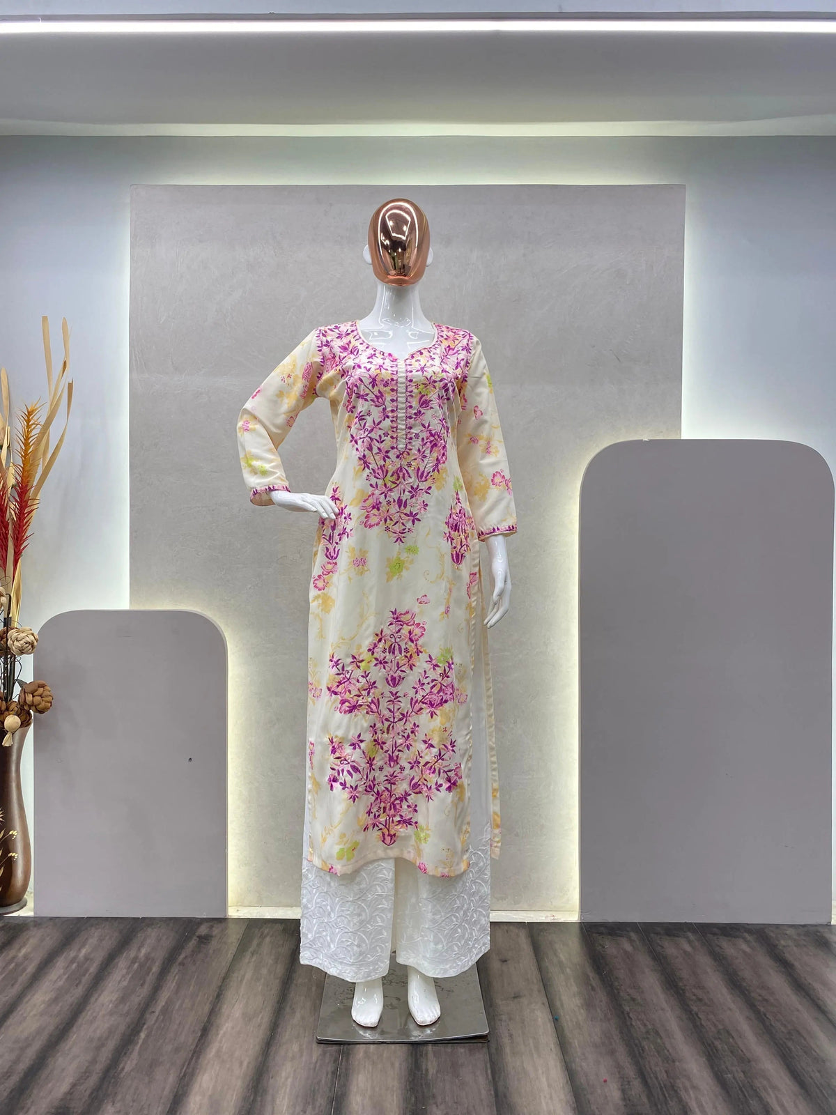 Rayon Chikankari Kurti Palazzo Set (Stitched)